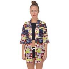 Multicolored Abstract Grunge Texture Print Open Front Chiffon Kimono