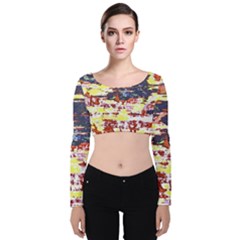 Multicolored Abstract Grunge Texture Print Velvet Long Sleeve Crop Top by dflcprintsclothing