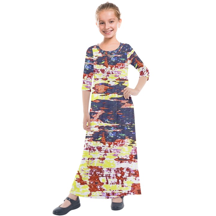 Multicolored Abstract Grunge Texture Print Kids  Quarter Sleeve Maxi Dress