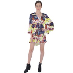 Multicolored Abstract Grunge Texture Print V-neck Flare Sleeve Mini Dress by dflcprintsclothing