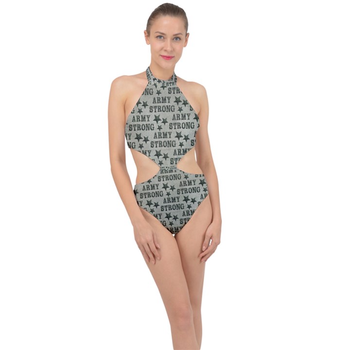 Army Stong Military Halter Side Cut Swimsuit