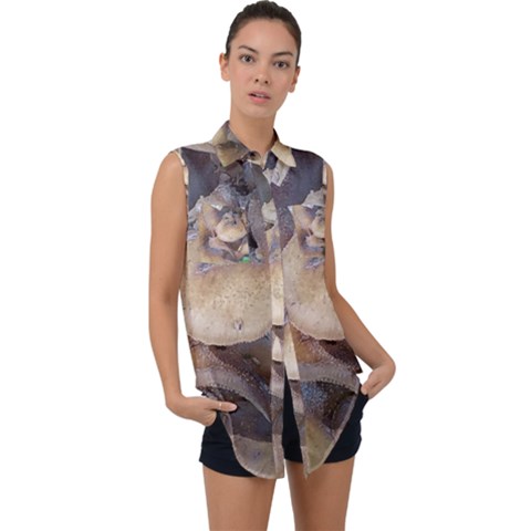 Close Up Mushroom Abstract Sleeveless Chiffon Button Shirt by Fractalsandkaleidoscopes