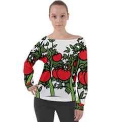 Tomato Garden Vine Plants Red Off Shoulder Long Sleeve Velour Top