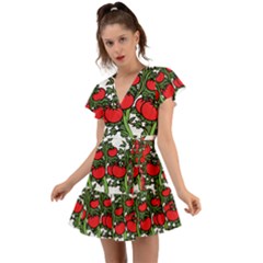 Tomato Garden Vine Plants Red Flutter Sleeve Wrap Dress by HermanTelo