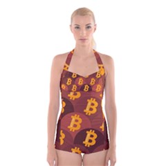 Cryptocurrency Bitcoin Digital Boyleg Halter Swimsuit  by HermanTelo