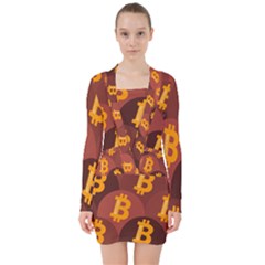 Cryptocurrency Bitcoin Digital V-neck Bodycon Long Sleeve Dress