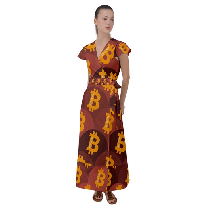 Cryptocurrency Bitcoin Digital Flutter Sleeve Maxi Dress