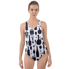 Wine Pattern Black White Cut-out Back One Piece Swimsuit by Vaneshart