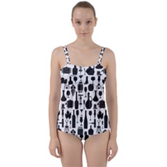 Wine Pattern Black White Twist Front Tankini Set by Vaneshart