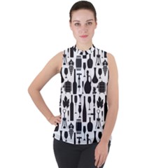 Wine Pattern Black White Mock Neck Chiffon Sleeveless Top by Vaneshart