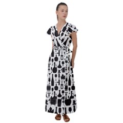 Wine Pattern Black White Flutter Sleeve Maxi Dress by Vaneshart