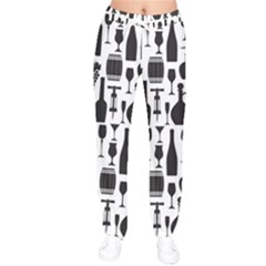 Wine Pattern Black White Women Velvet Drawstring Pants by Vaneshart