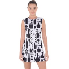 Wine Pattern Black White Lace Up Front Bodycon Dress