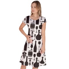 Wine Pattern Black White Classic Short Sleeve Dress