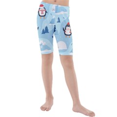 Christmas Seamless Pattern With Penguin Kids  Mid Length Swim Shorts by Vaneshart