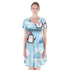 Christmas Seamless Pattern With Penguin Short Sleeve V-neck Flare Dress by Vaneshart