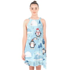 Christmas Seamless Pattern With Penguin Halter Collar Waist Tie Chiffon Dress by Vaneshart