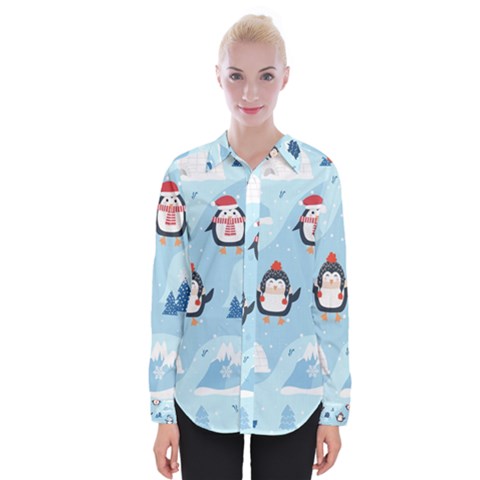 Christmas Seamless Pattern With Penguin Womens Long Sleeve Shirt by Vaneshart