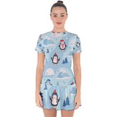 Christmas Seamless Pattern With Penguin Drop Hem Mini Chiffon Dress by Vaneshart