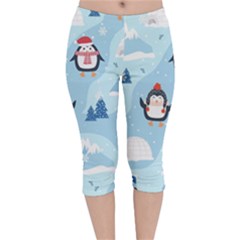 Christmas Seamless Pattern With Penguin Velvet Capri Leggings  by Vaneshart