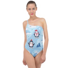 Christmas Seamless Pattern With Penguin Classic One Shoulder Swimsuit by Vaneshart