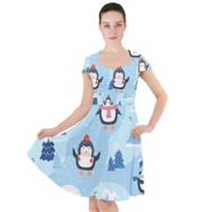 Christmas Seamless Pattern With Penguin Cap Sleeve Midi Dress by Vaneshart