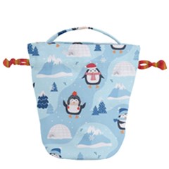 Christmas Seamless Pattern With Penguin Drawstring Bucket Bag by Vaneshart