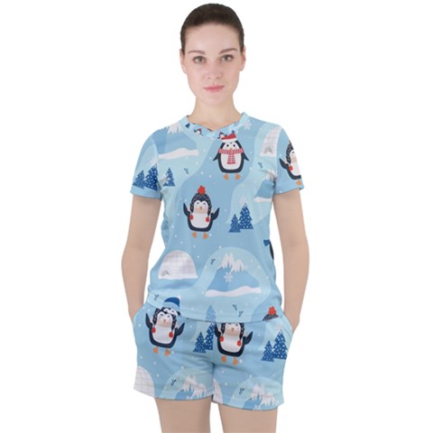 Christmas Seamless Pattern With Penguin Women s Tee And Shorts Set by Vaneshart