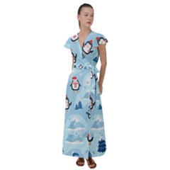 Christmas Seamless Pattern With Penguin Flutter Sleeve Maxi Dress by Vaneshart