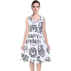 Christmas Seamless Pattern Doodle Style V-neck Midi Sleeveless Dress  by Vaneshart