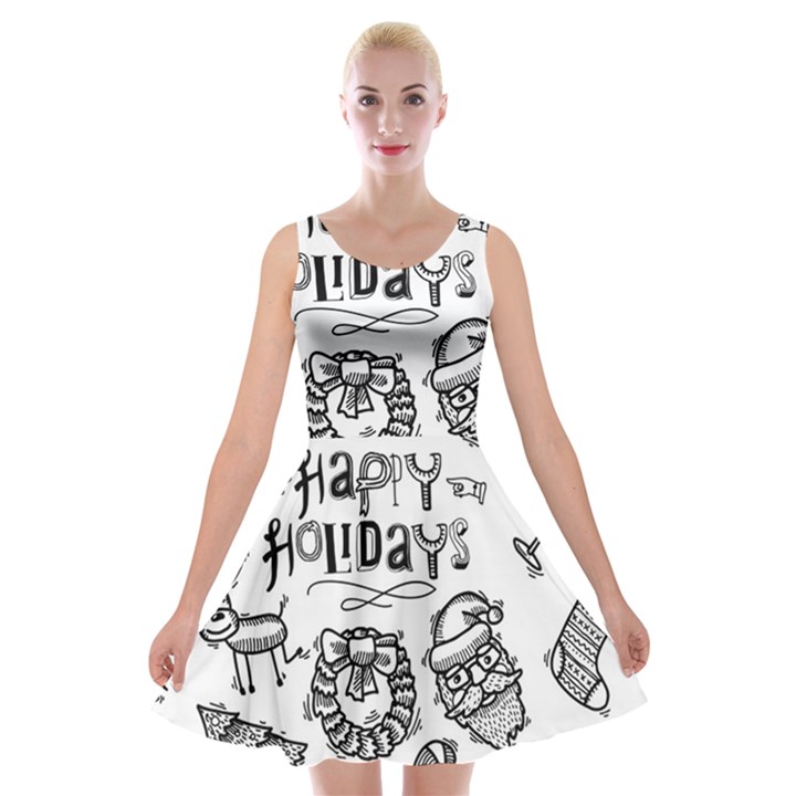 Christmas Seamless Pattern Doodle Style Velvet Skater Dress