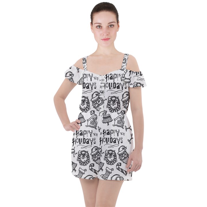 Christmas Seamless Pattern Doodle Style Ruffle Cut Out Chiffon Playsuit