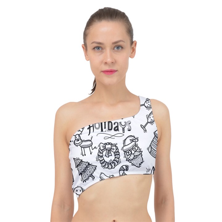 Christmas Seamless Pattern Doodle Style Spliced Up Bikini Top 