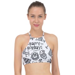 Christmas Seamless Pattern Doodle Style Racer Front Bikini Top by Vaneshart