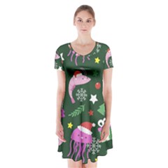 Colorful Funny Christmas Pattern Short Sleeve V-neck Flare Dress by Vaneshart