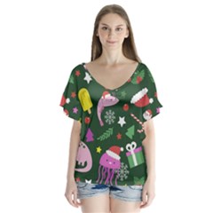 Colorful Funny Christmas Pattern V-neck Flutter Sleeve Top by Vaneshart