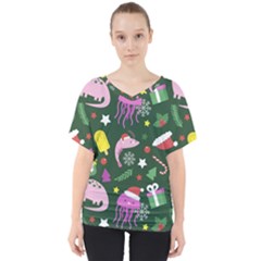 Colorful Funny Christmas Pattern V-neck Dolman Drape Top by Vaneshart