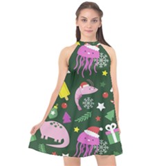 Colorful Funny Christmas Pattern Halter Neckline Chiffon Dress  by Vaneshart