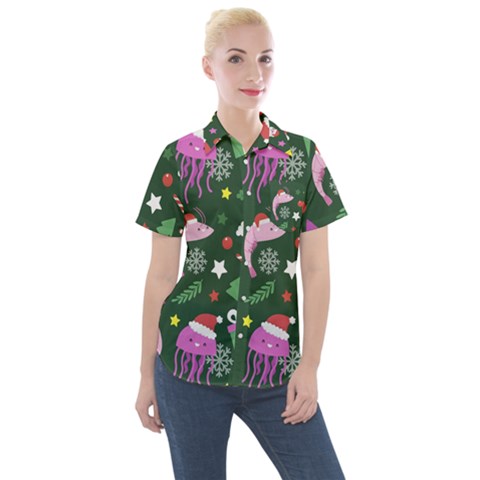 Colorful Funny Christmas Pattern Women s Short Sleeve Pocket Shirt by Vaneshart