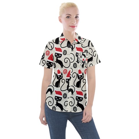 Cute Christmas Seamless Pattern Vector Women s Short Sleeve Pocket Shirt by Vaneshart