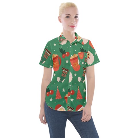 Colorful Funny Christmas Pattern Women s Short Sleeve Pocket Shirt by Vaneshart