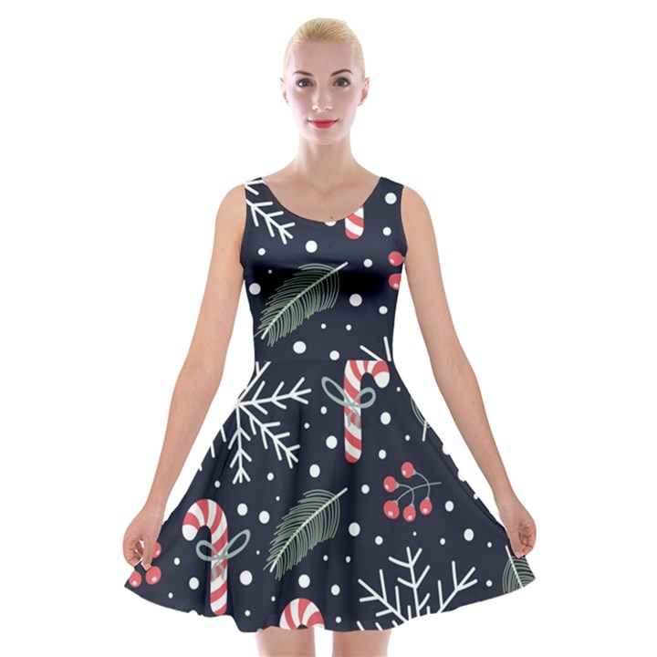 Holiday Seamless Pattern With Christmas Candies Snoflakes Fir Branches Berries Velvet Skater Dress