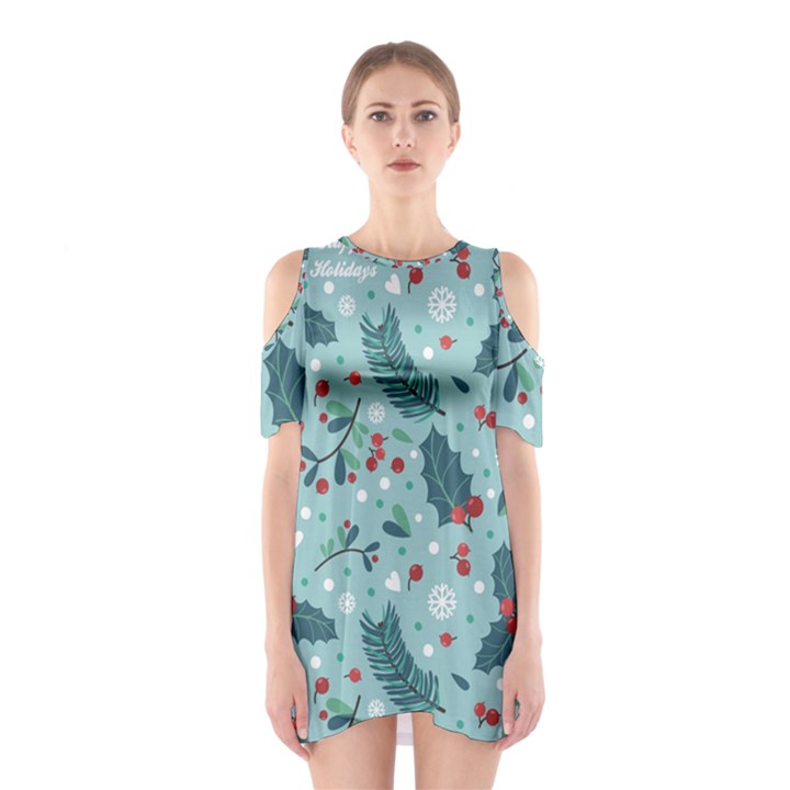 Seamless Pattern With Berries Leaves Shoulder Cutout One Piece Dress