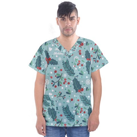 Seamless Pattern With Berries Leaves Men s V-neck Scrub Top by Vaneshart