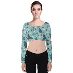 Seamless Pattern With Berries Leaves Velvet Long Sleeve Crop Top by Vaneshart