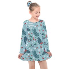 Seamless Pattern With Berries Leaves Kids  Long Sleeve Dress by Vaneshart