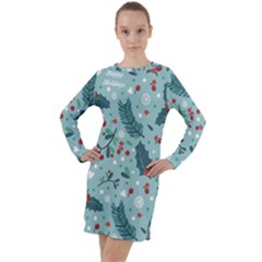 Seamless Pattern With Berries Leaves Long Sleeve Hoodie Dress