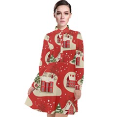 Christmas New Year Seamless Pattern Long Sleeve Chiffon Shirt Dress by Vaneshart