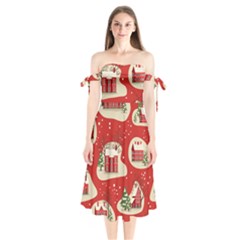 Christmas New Year Seamless Pattern Shoulder Tie Bardot Midi Dress