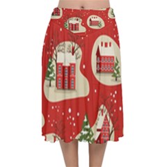 Christmas New Year Seamless Pattern Velvet Flared Midi Skirt